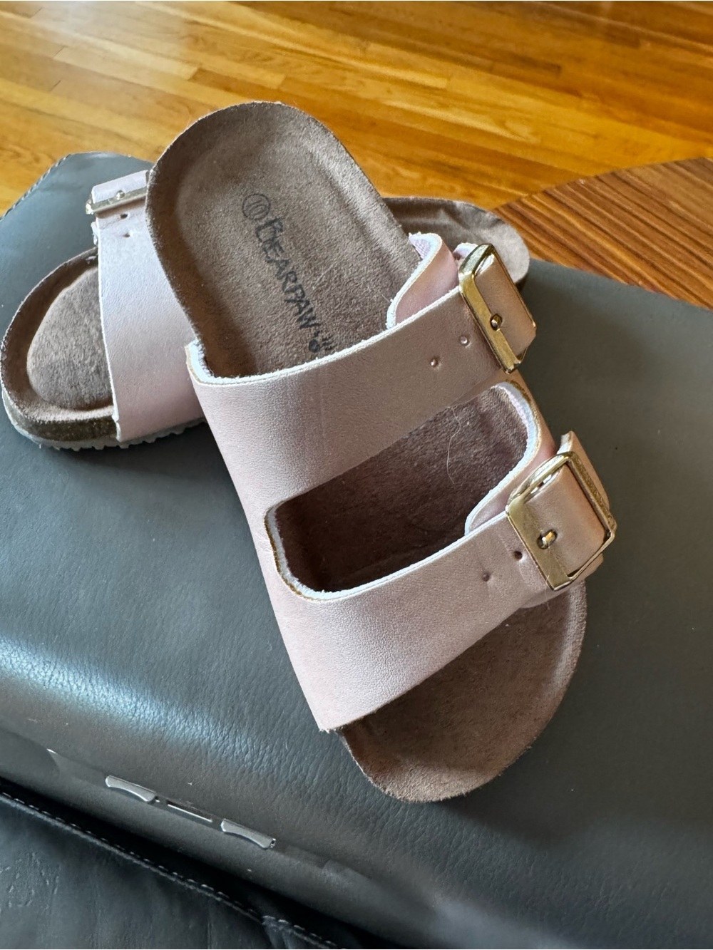 BearPaw Pink Double-Buckle Kids Slide Sandals with Gold Buckles